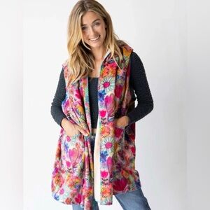 Natural Life Floral Print Hooded Vest Cardigan Women S M Open Front Cozy
